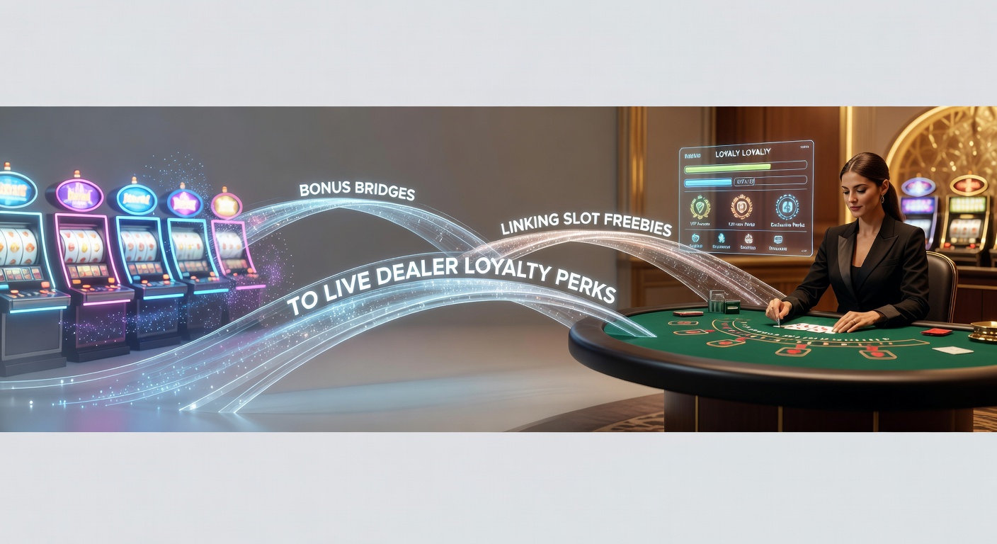 Grafik zeigt verbundene Slot-Maschinen und Live-Dealer-Tische mit Bonus-Brücken-Symbolen, die Free-Spins und Loyalty-Perks verknüpfen