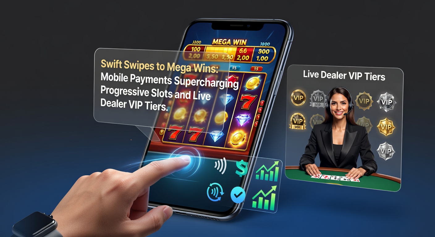 Live-Dealer-Tisch mit VIP-Spielern am Smartphone, Karten fliegen, Chips stapeln sich virtuell während einer mobilen Zahlung blinkt im Vordergrund